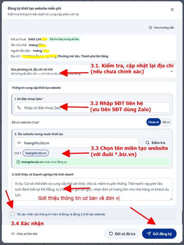 Bước 3: kiểm tra thông tin, nhập số điện thoại, chọn tên miền, xác nhận và gửi đăng ký