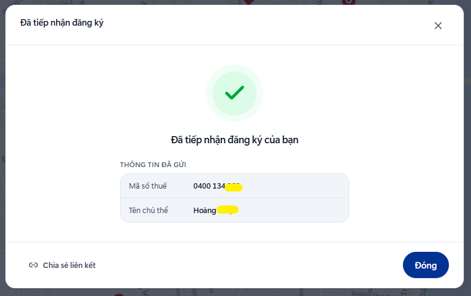 Màn hình xác nhận đã tiếp nhận đăng ký thành công