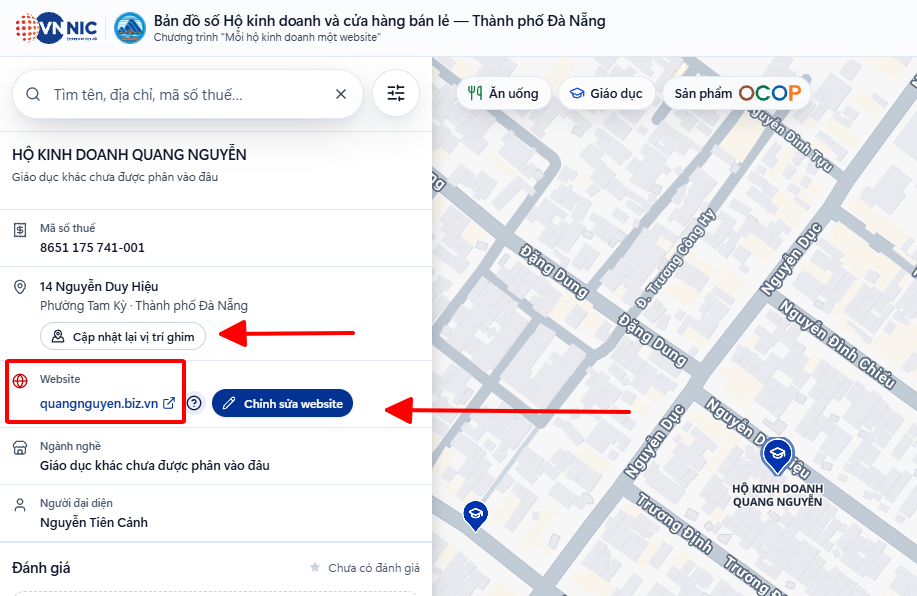 Trang chi tiết hộ kinh doanh với nút Chỉnh sửa website