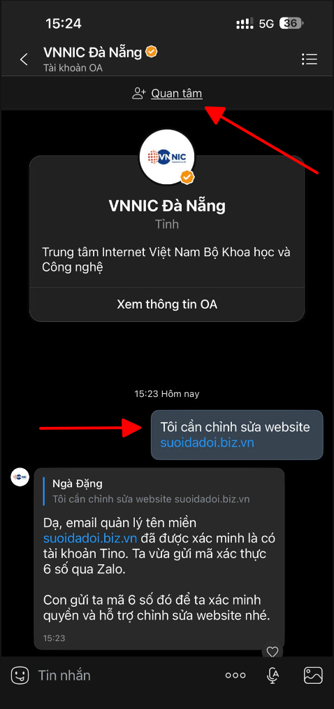 Nhắn tin xác thực với Zalo OA VNNIC Đà Nẵng