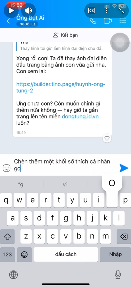 Nhắn tin cho Ông Bụt AI yêu cầu đổi ảnh đại diện